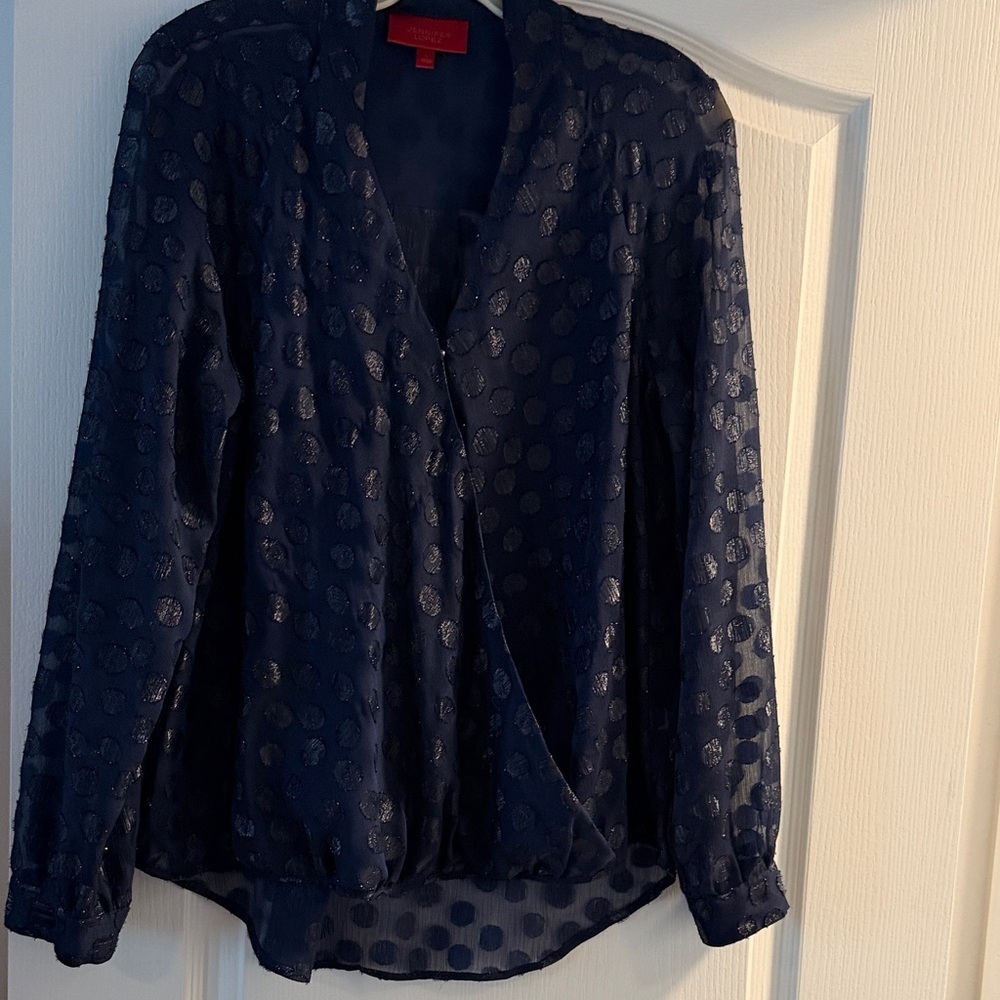 Jennifer Lopez Navy Sheer Polka Dot Long-Sleeve Blouse